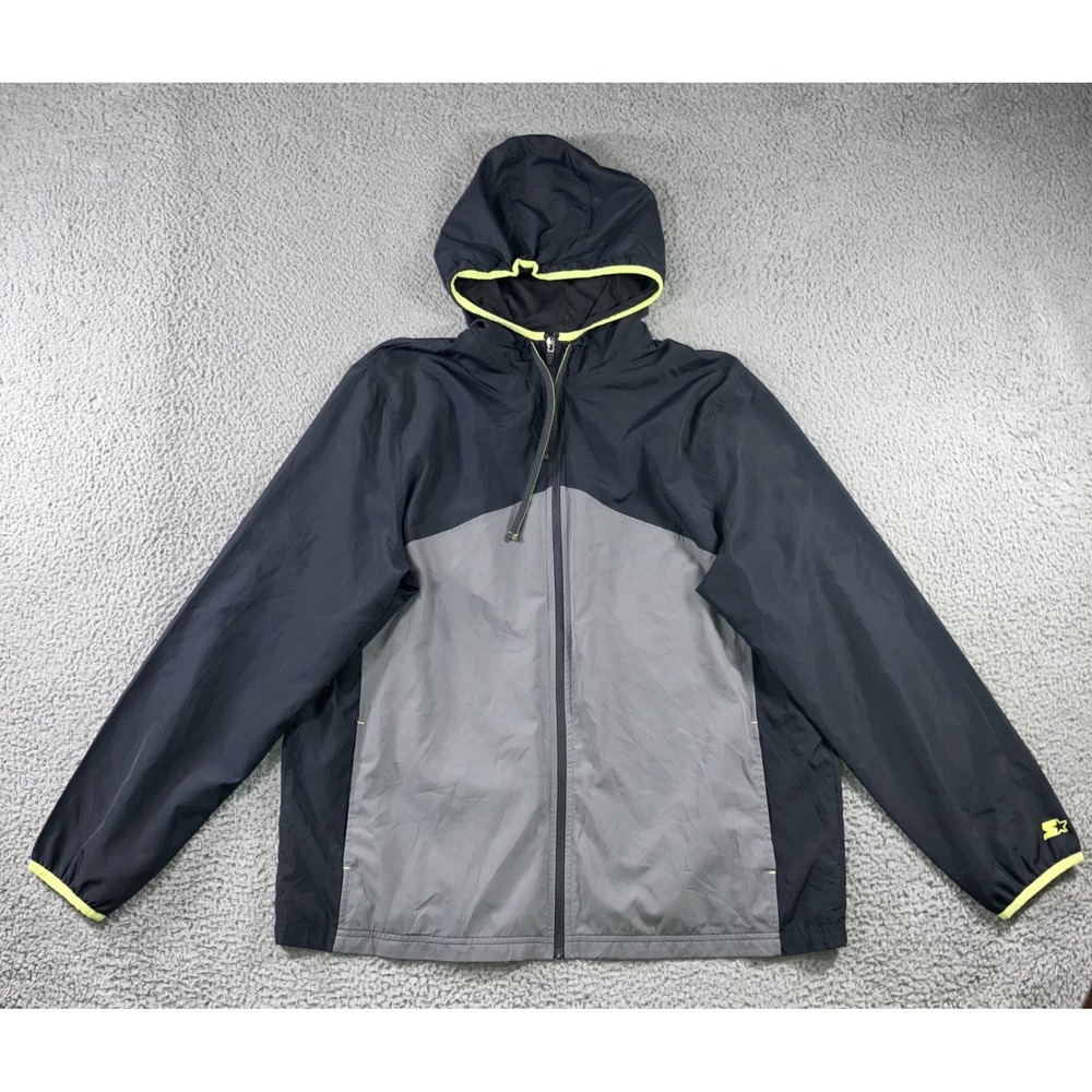 Vintage Starter Windbreaker Jacket Men XL Black Grey Neon Full Zip Hooded Mesh